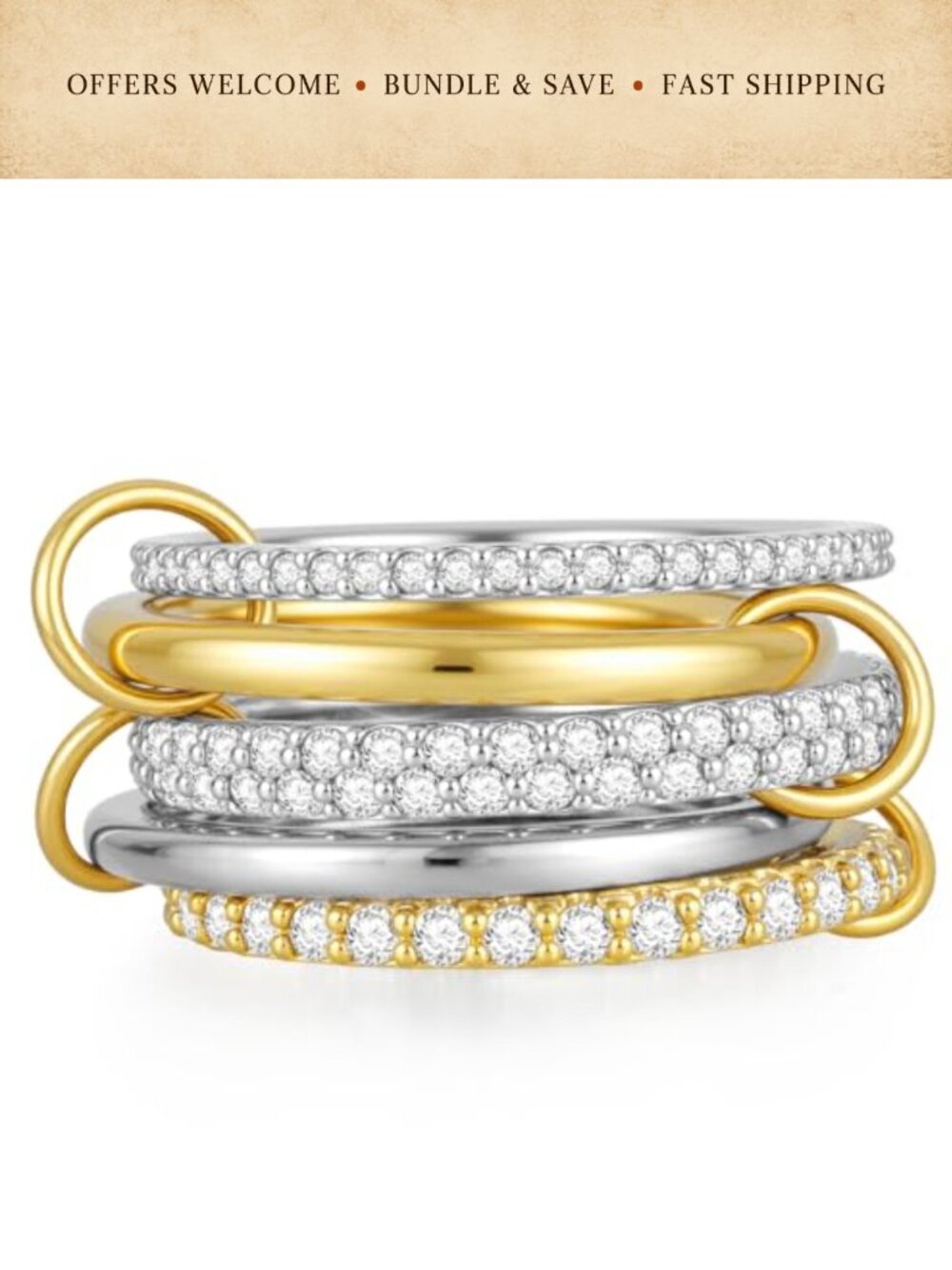 14K Gold Plated Stacking Rings Cubic Zirconia Interlocking Bands